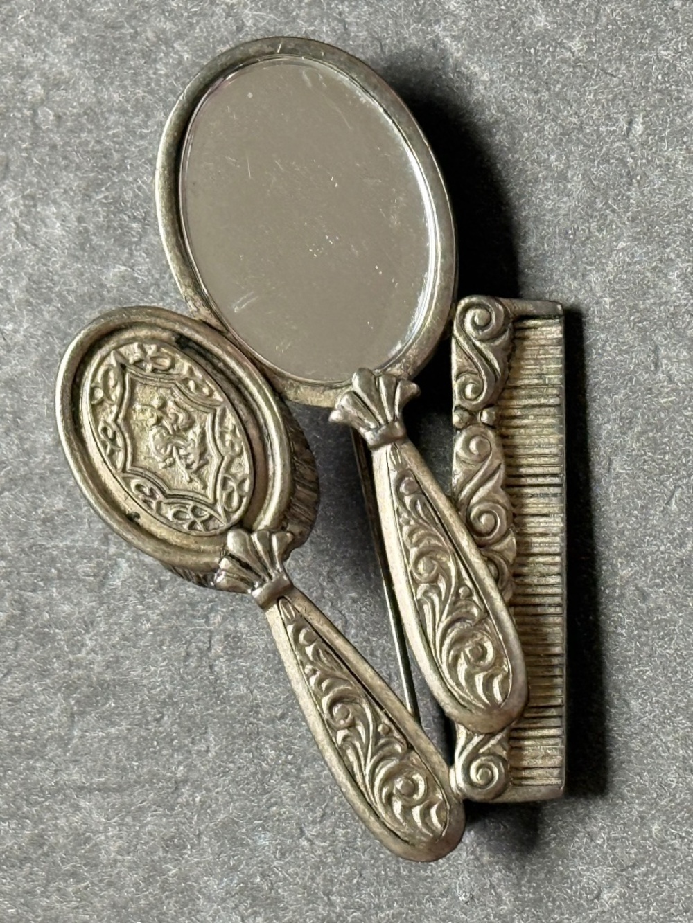 VINTAGE DANECRAFT Vanity Set Brooch Floral Art Nouveau Collectible Silver